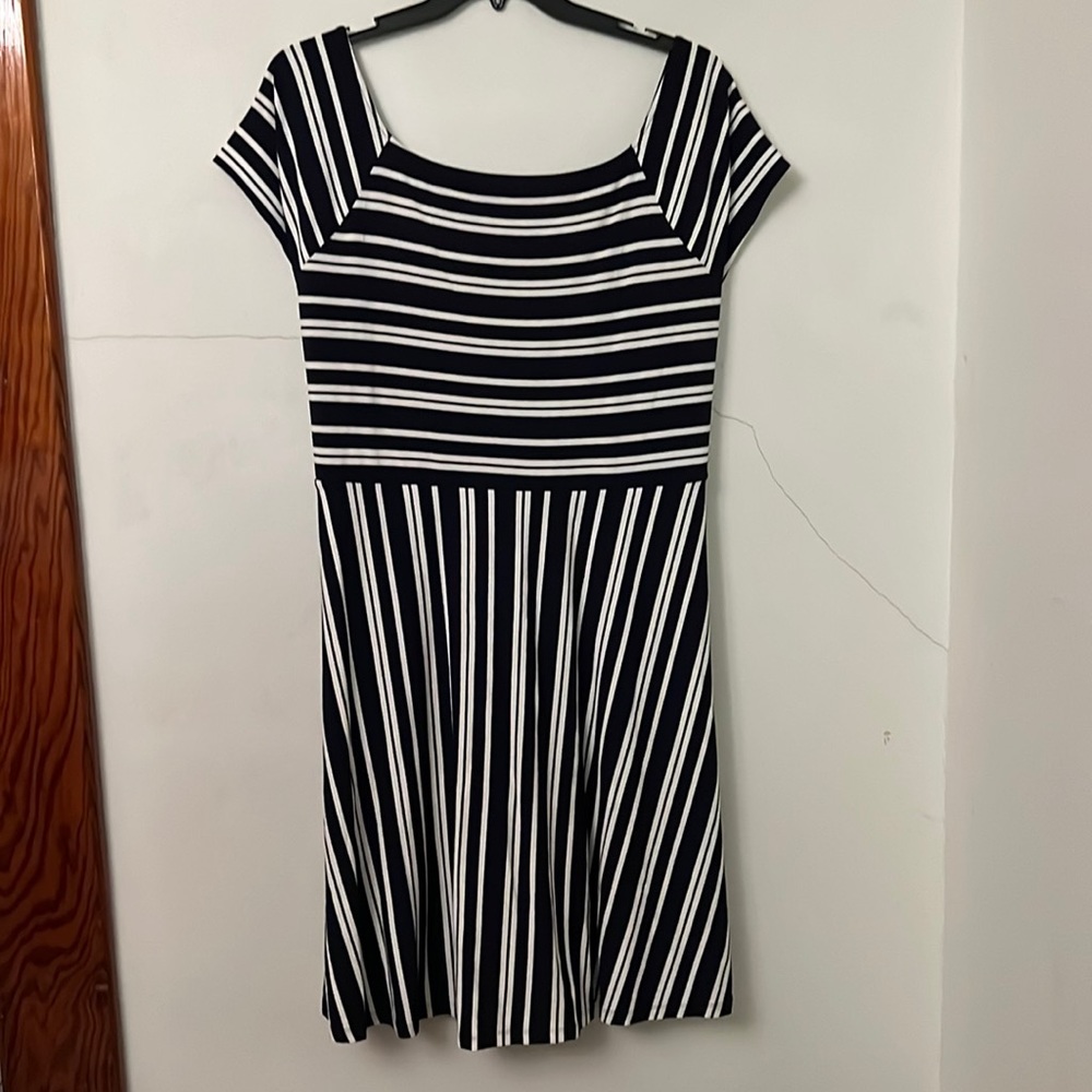 LOFT Black and White Striped Fit-and-Flare Dress